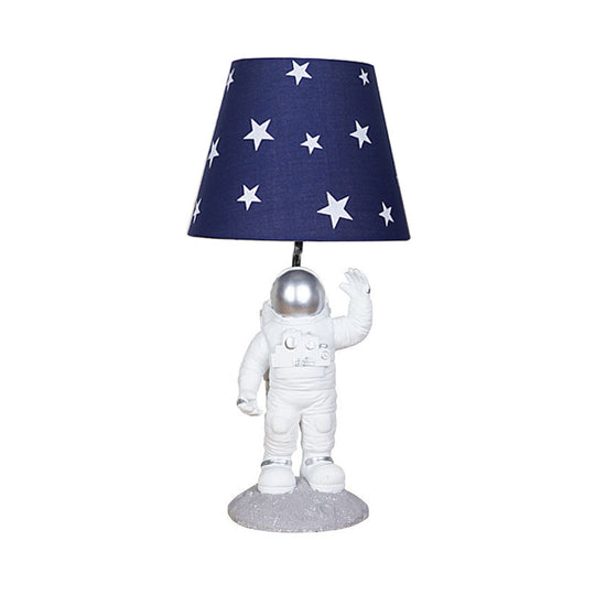 Blue Empire Shade Night Lamp - Kids Star Patterned Fabric Table Lighting With Carved Spaceman Base