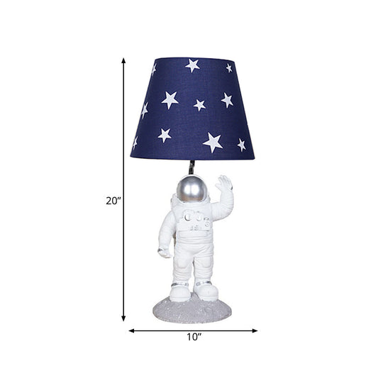 Blue Empire Shade Night Lamp - Kids Star Patterned Fabric Table Lighting With Carved Spaceman Base