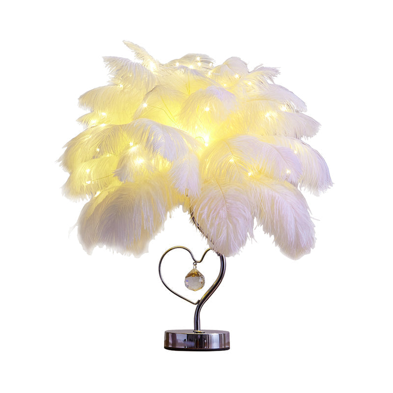 Modern Romantic Pink/White Led Nightstand Lamp With K9 Crystal Drop - Palm Tree Feather Table