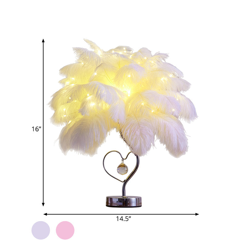 Modern Romantic Pink/White Led Nightstand Lamp With K9 Crystal Drop - Palm Tree Feather Table