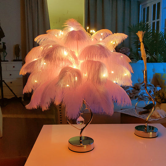 Modern Romantic Pink/White Led Nightstand Lamp With K9 Crystal Drop - Palm Tree Feather Table