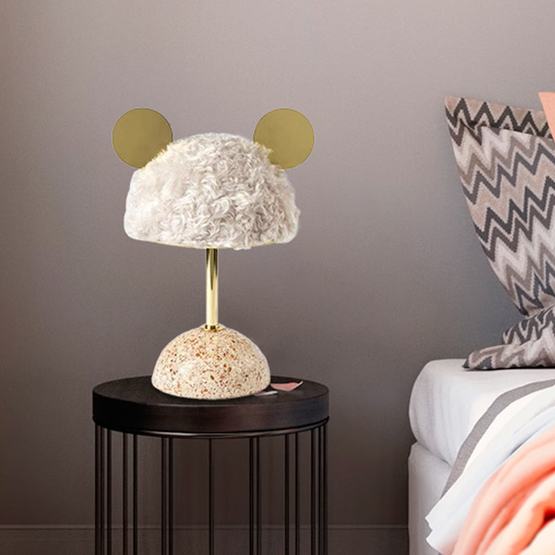 Plush Fabric Bear Table Lamp - Kids Style Pink/Dark Green/Light Pink Dome Terrazzo Base Nightstand