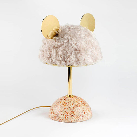 Plush Fabric Bear Table Lamp - Kids Style Pink/Dark Green/Light Pink Dome Terrazzo Base Nightstand