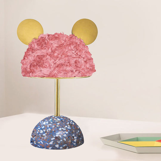 Plush Fabric Bear Table Lamp - Kids Style Pink/Dark Green/Light Pink Dome Terrazzo Base Nightstand