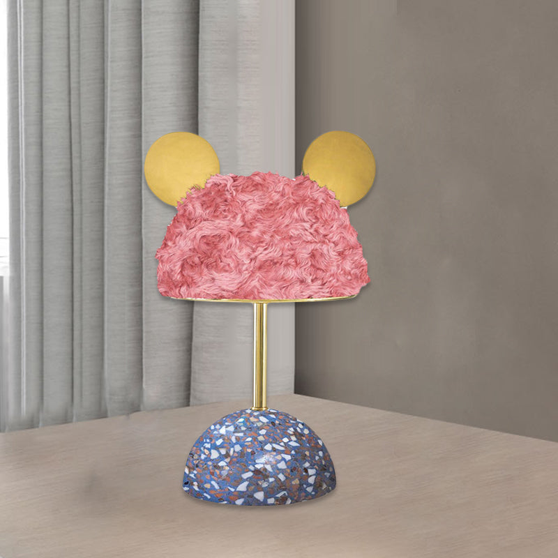 Plush Fabric Bear Table Lamp - Kids Style Pink/Dark Green/Light Pink Dome Terrazzo Base Nightstand