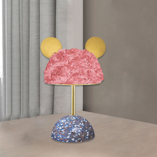 Plush Fabric Bear Table Lamp - Kids Style Pink/Dark Green/Light Pink Dome Terrazzo Base Nightstand