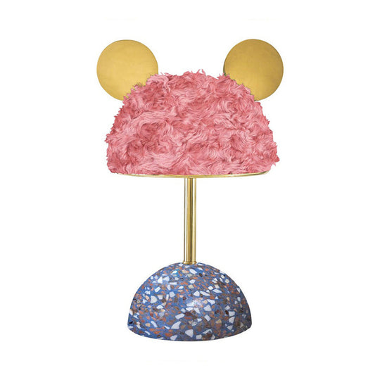 Plush Fabric Bear Table Lamp - Kids Style Pink/Dark Green/Light Pink Dome Terrazzo Base Nightstand