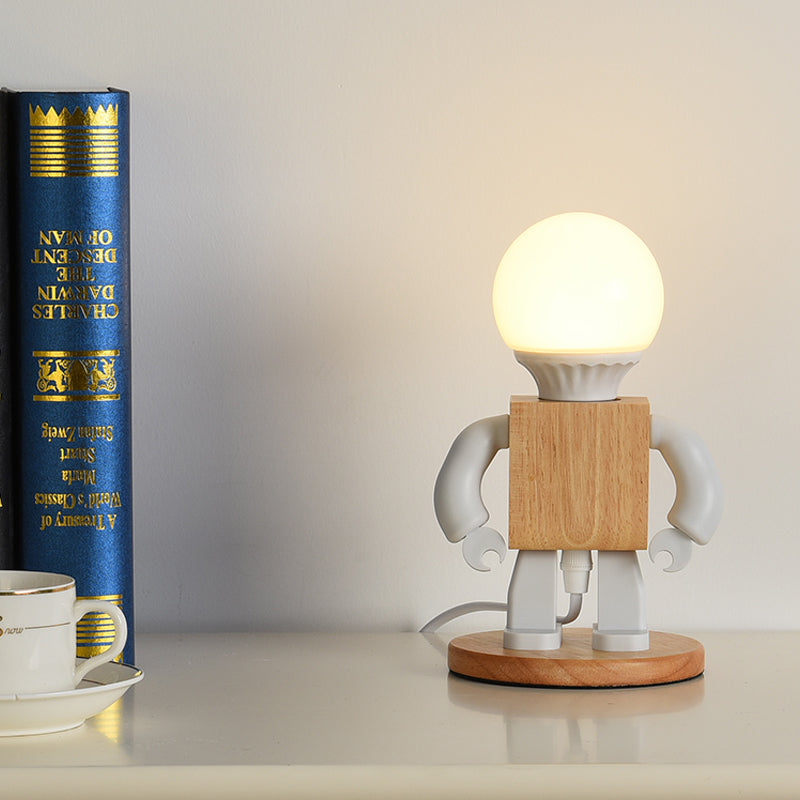 Metal Robot Shaped Nightstand Lamp - Cartoon Design 1 Light White & Wood Bedside Table