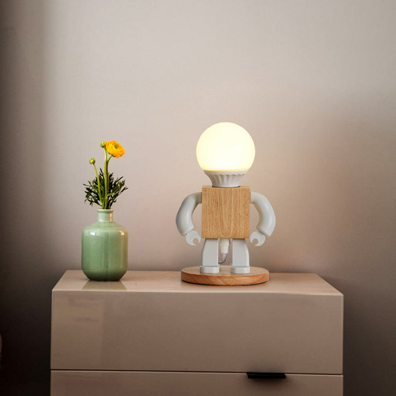 Metal Robot Shaped Nightstand Lamp - Cartoon Design 1 Light White & Wood Bedside Table