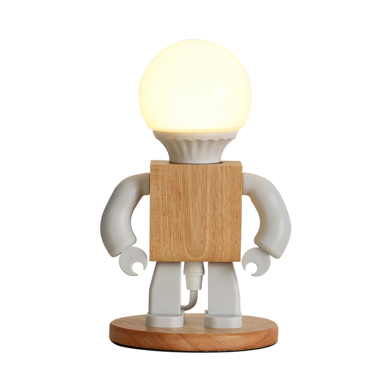 Metal Robot Shaped Nightstand Lamp - Cartoon Design 1 Light White & Wood Bedside Table