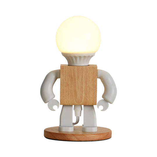 Metal Robot Shaped Nightstand Lamp - Cartoon Design 1 Light White & Wood Bedside Table