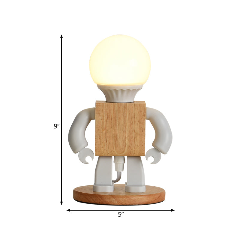 Metal Robot Shaped Nightstand Lamp - Cartoon Design 1 Light White & Wood Bedside Table