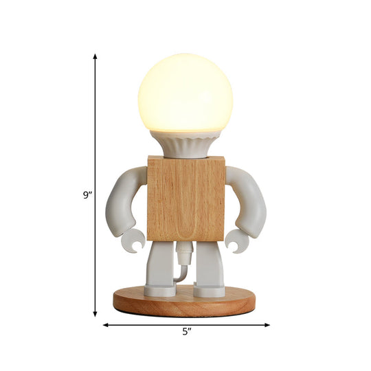 Metal Robot Shaped Nightstand Lamp - Cartoon Design 1 Light White & Wood Bedside Table