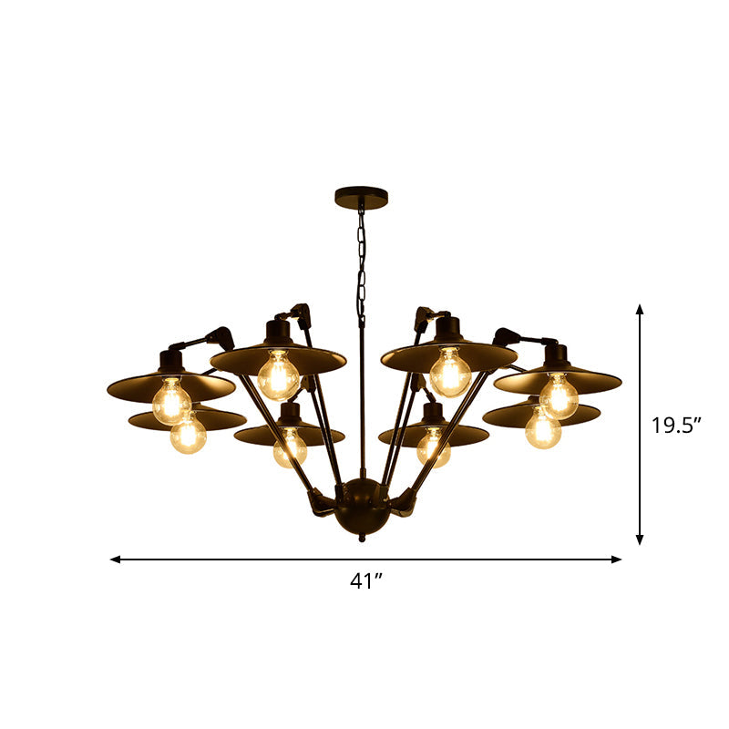 Scheddi - Antiqued Flat Chandelier Lighting 6/8 Bulbs Metal Rotatable Ceiling Pendant Lamp In Black