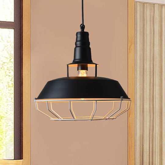 Farmhouse Metallic Pendant Lamp With Cage - Black Barn Hanging Light For Restaurants