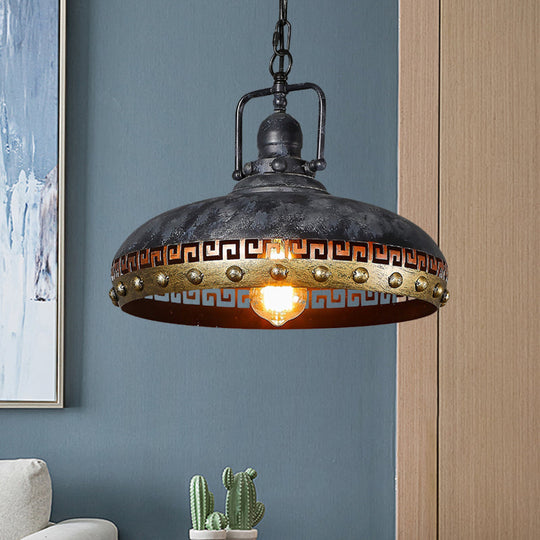 Antiqued Bowl Down Lighting Hanging Lamp Kit - Black 1-Light Metal With Rotatable Handle