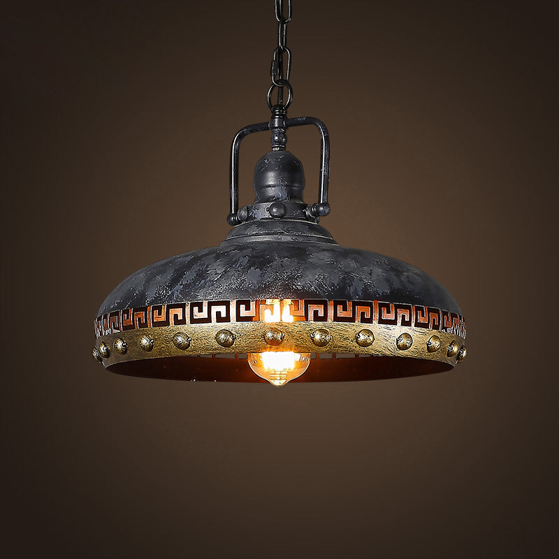 Black Metal Hanging Lamp Kit: Antiqued Bowl Down Lighting with Rotatable Handle