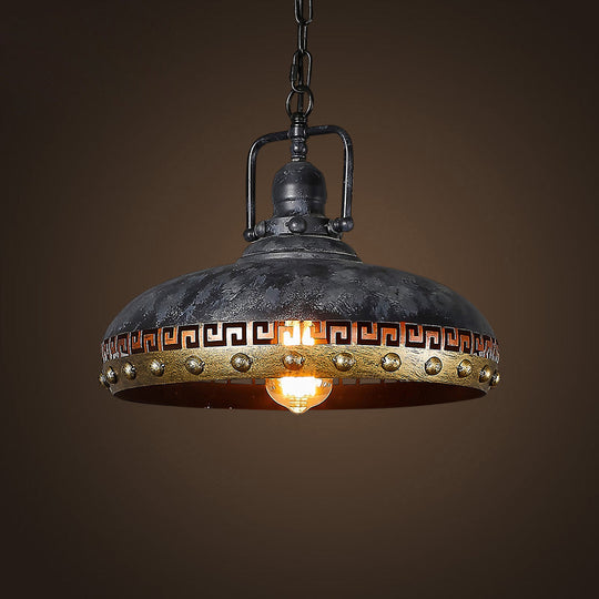 Black Metal Hanging Lamp Kit: Antiqued Bowl Down Lighting with Rotatable Handle