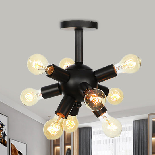 Industrial Metallic Sputnik Semi Flush Light Fixture - Stylish Black Coffee House Flush Mount Lamp with 6/9/12 Bulbs