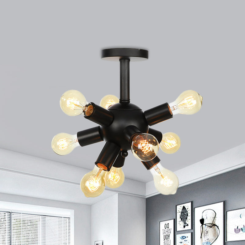 Industrial Metallic Sputnik Semi Flush Light Fixture - Stylish Black Coffee House Flush Mount Lamp with 6/9/12 Bulbs