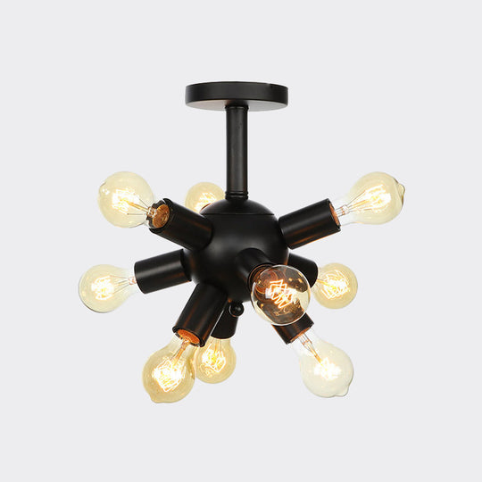 Industrial Metallic Sputnik Semi Flush Light Fixture - Stylish Black Coffee House Flush Mount Lamp with 6/9/12 Bulbs