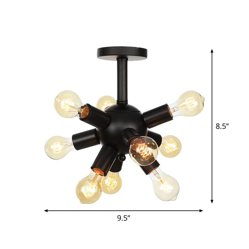 Industrial Metallic Sputnik Semi Flush Light Fixture - Stylish Black Coffee House Flush Mount Lamp with 6/9/12 Bulbs