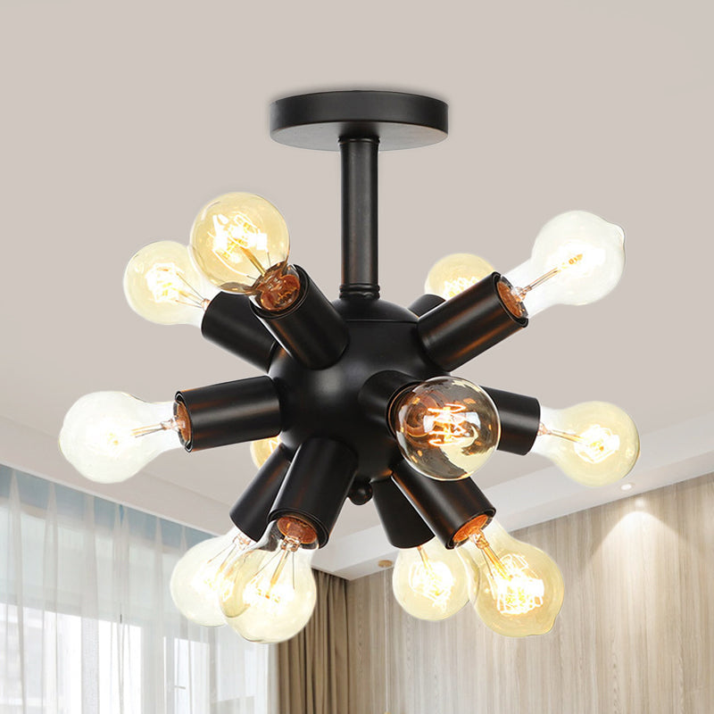 Industrial Metallic Sputnik Semi Flush Light Fixture - Stylish Black Coffee House Flush Mount Lamp with 6/9/12 Bulbs