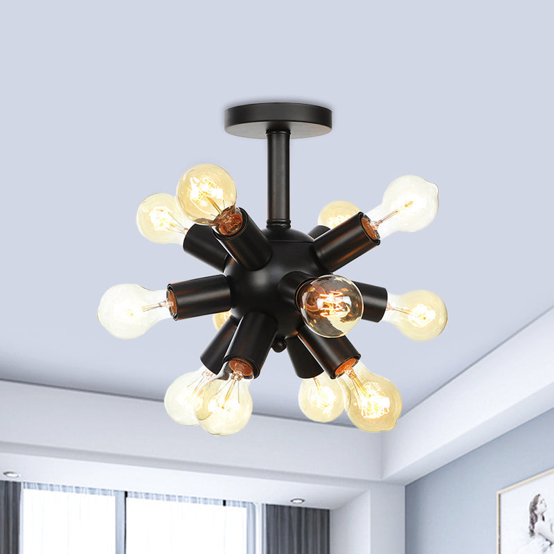 Industrial Metallic Sputnik Semi Flush Light Fixture - Stylish Black Coffee House Flush Mount Lamp with 6/9/12 Bulbs