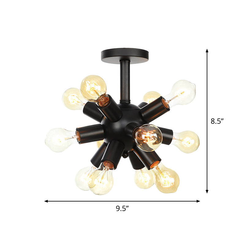 Industrial Metallic Sputnik Semi Flush Light Fixture - Stylish Black Coffee House Flush Mount Lamp with 6/9/12 Bulbs