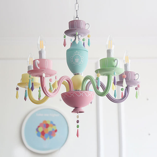 Modern Multicolor Glass Candle Hanging Light Chandelier With Cup Decoration For Kindergarten