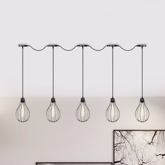 Industrial Pear Cage Pendant Chandelier With 3/5/7 Bulb Multi Light Kit In Black Iron