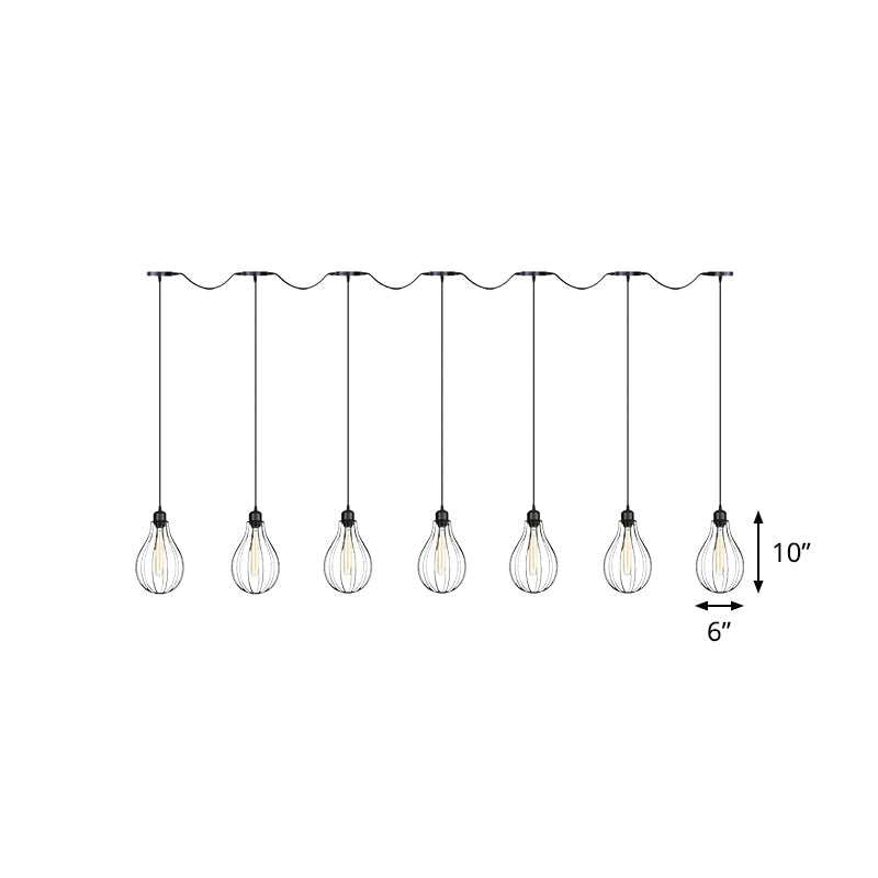 Industrial Pear Cage Pendant Chandelier With 3/5/7 Bulb Multi Light Kit In Black Iron