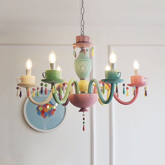 Modern Multicolor Glass Candle Hanging Light Chandelier With Cup Decoration For Kindergarten