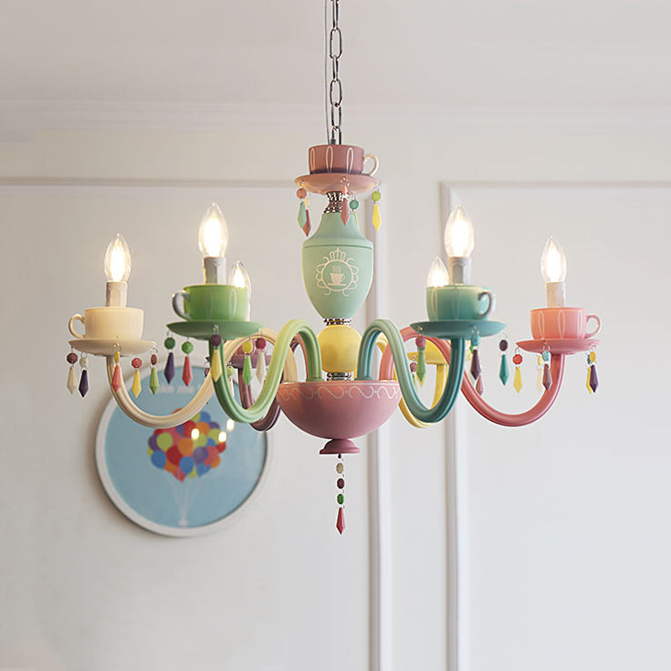 Modern Multicolor Glass Candle Hanging Light Chandelier With Cup Decoration For Kindergarten 6 /