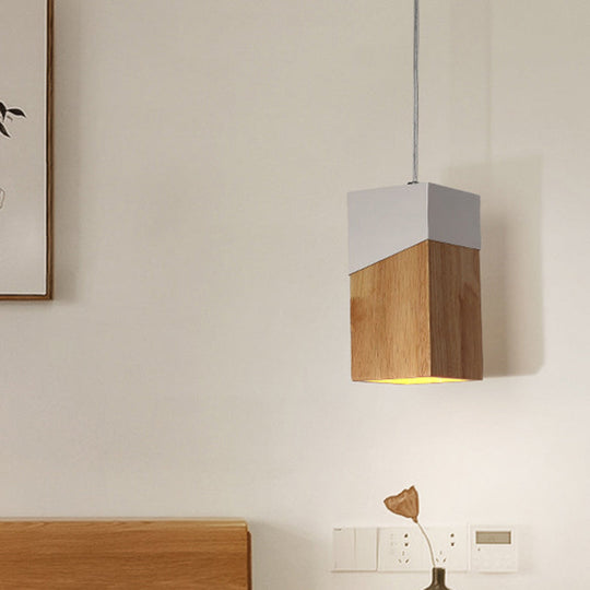 Wooden Cuboid Pendant Light - Modern Beige and White Suspension Lamp for Bedside