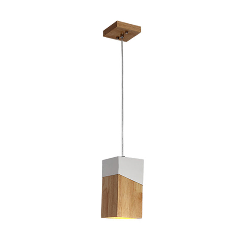 Wooden Cuboid Pendant Light - Modern Beige and White Suspension Lamp for Bedside