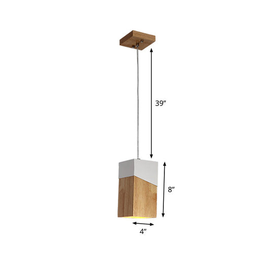 Wooden Cuboid Pendant Light - Modern Beige and White Suspension Lamp for Bedside