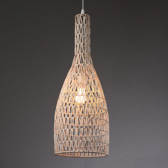 Khaki Bamboo Rattan Pendant Lighting - Asian 1-Light Bottle Ceiling Hang Fixture