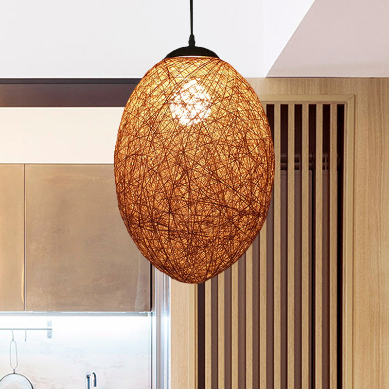 Asia Style Rattan Woven Pendant Lighting - 1 Head Ceiling Lamp In Brown/Coffee