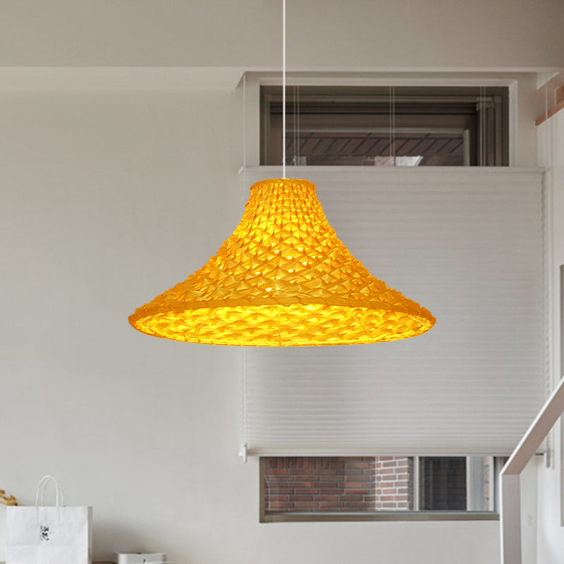 Yellow Rattan Pendant Light - Wide Flared Asian Design For Living Room