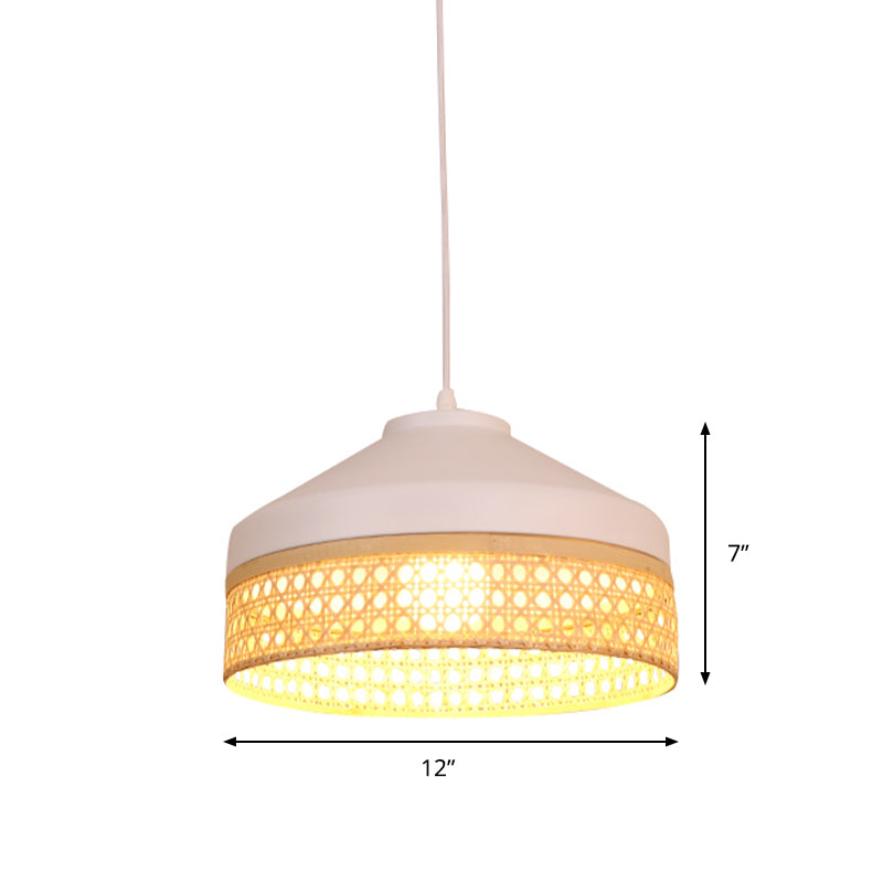 Iron Barn Pendant Light Kit - Modernist White Ceiling Lamp With Woven Rattan Detail