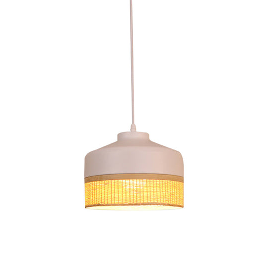 1-Light Drop Pendant Light With Bamboo Rattan Shade - Modern White And Beige Altar Hanging Lamp