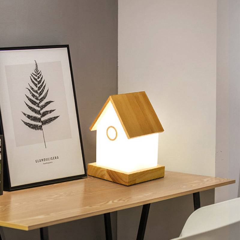 Contemporary Led Beige Nightstand Light - Wood House Shape Bedside Lamp