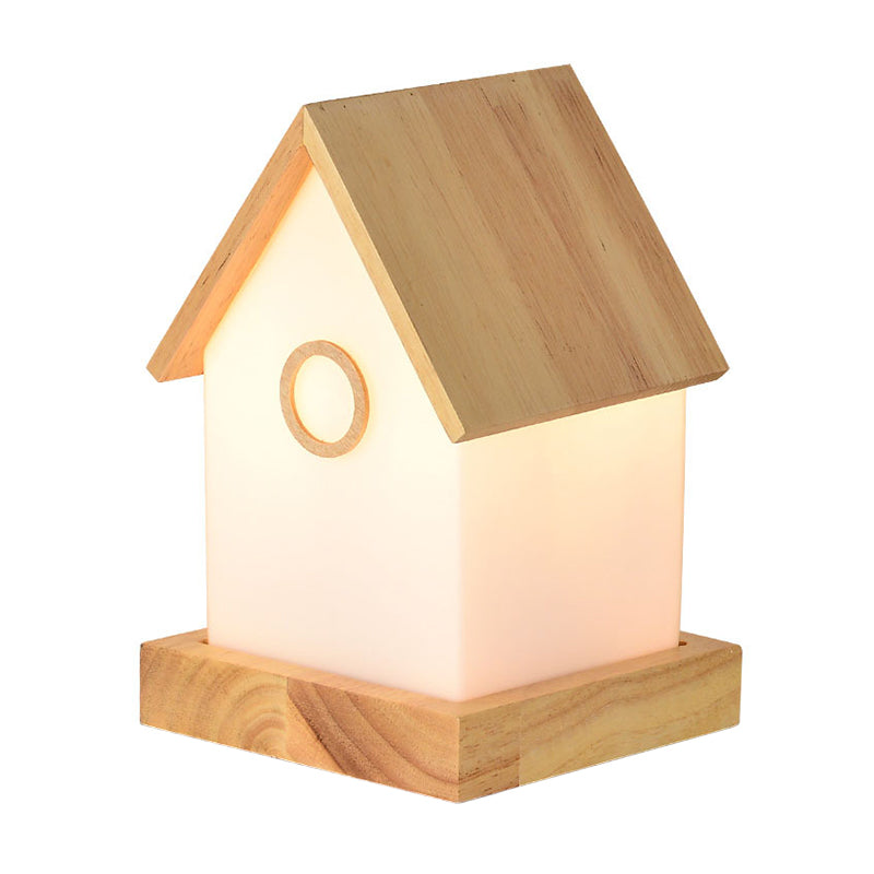 Contemporary Led Beige Nightstand Light - Wood House Shape Bedside Lamp