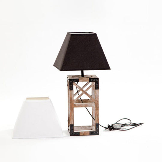 Trapezoid Nightstand Lamp: Modernist 1-Bulb Fabric Table Lamp With Wood Base (White/Black)