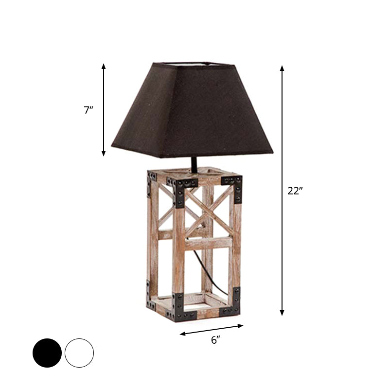 Trapezoid Nightstand Lamp: Modernist 1-Bulb Fabric Table Lamp With Wood Base (White/Black)