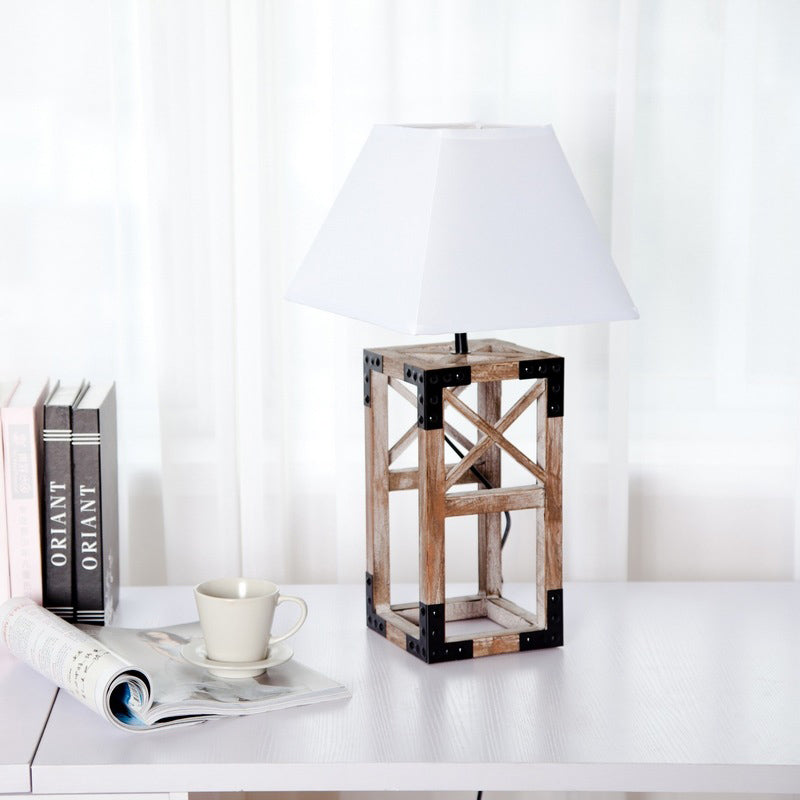 Trapezoid Nightstand Lamp: Modernist 1-Bulb Fabric Table Lamp With Wood Base (White/Black) White