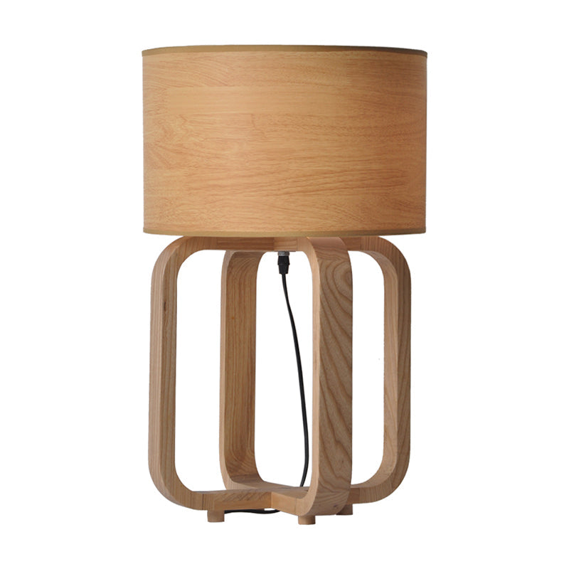 Asian Wood 1-Light Bedroom Night Lamp In Beige With Drum And Squared Frame Table Light