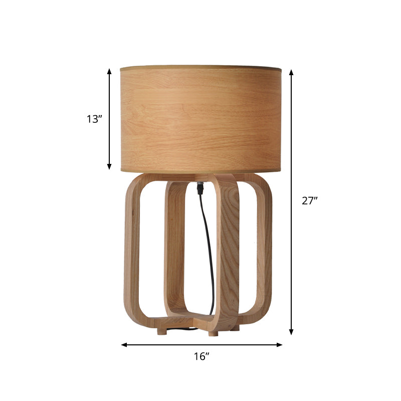 Asian Wood 1-Light Bedroom Night Lamp In Beige With Drum And Squared Frame Table Light