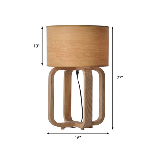 Asian Wood 1-Light Bedroom Night Lamp In Beige With Drum And Squared Frame Table Light